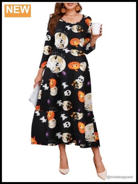 Dresses & Skirts - Plus Size Maxi Dress 3/4 Sleeve Crew Neck Swing with Pockets